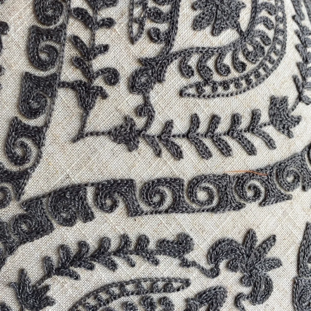 NWT 20” Sq Pillow Linen Charcoal Pewter Gray Embroidery Art Deco